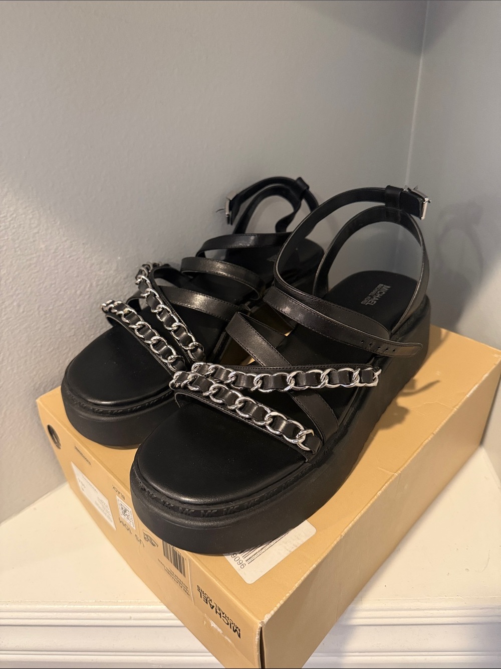 Michael Kors Black Platform Sandals with Silver Chain